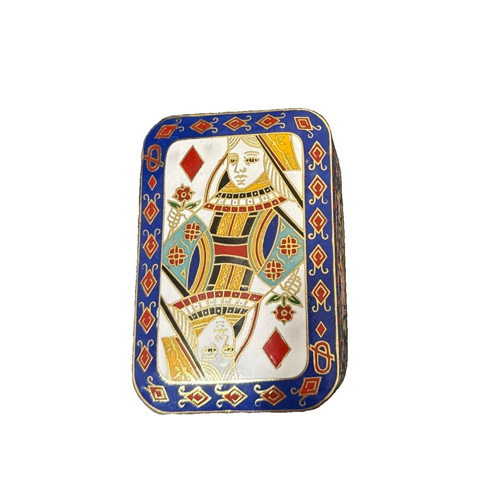 New Vintage Cloisonné Brass Enameled Queen Of Diamonds 4" Trinket Box New Cards